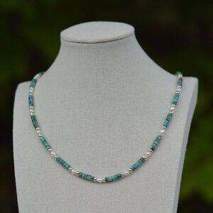 Turquoise & Freshwater Pearl Necklace: Unisex Minimalist Jewelry 19"